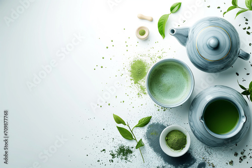 Matcha tea powder. Organic green matcha tea ceremony. Set of matcha powder bowl wooden spoon and whisk green tea leaf Organic Green Matcha Tea ceremony. photo
