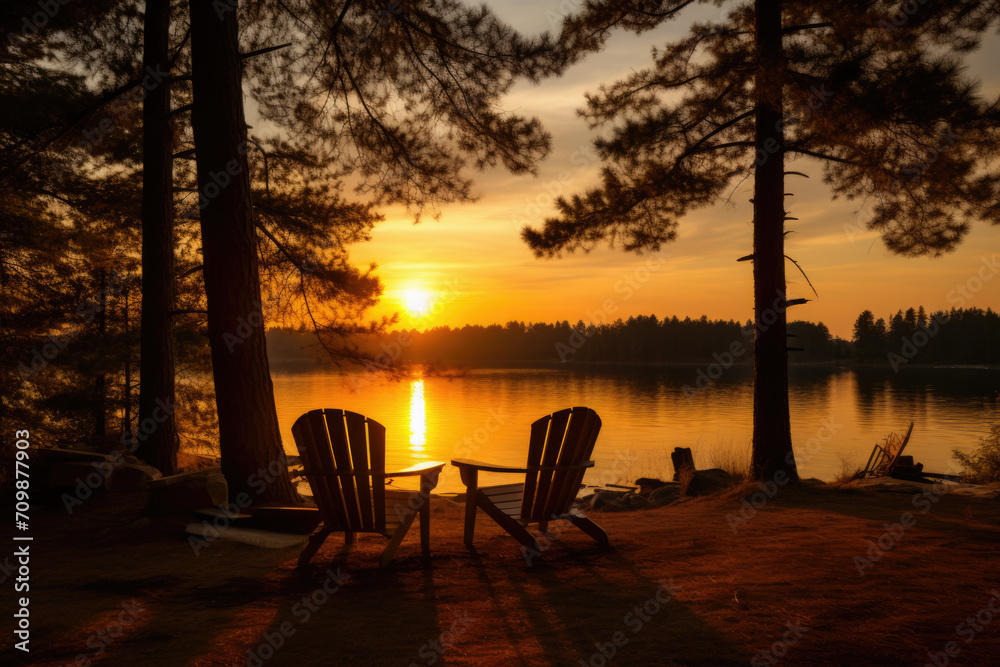  Serene Lake Sunset with Adirondack Chairs on Shore