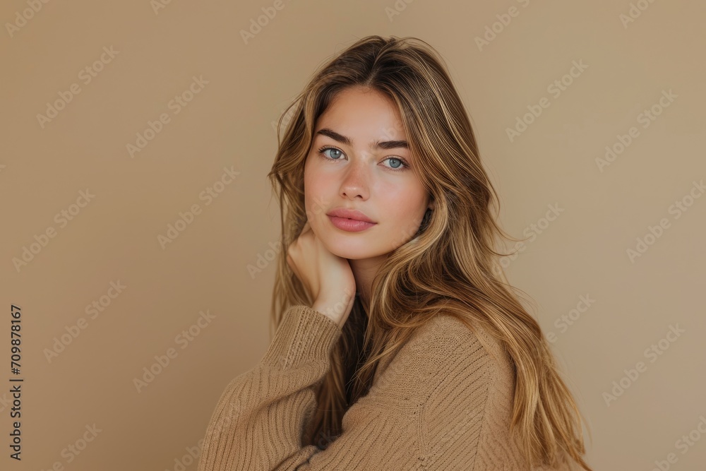 Natural studio portrait of a European woman with a relaxed pose, isolated on a beige background Natural studio portrait of a European woman with a relaxed pose, isolated on a beige background