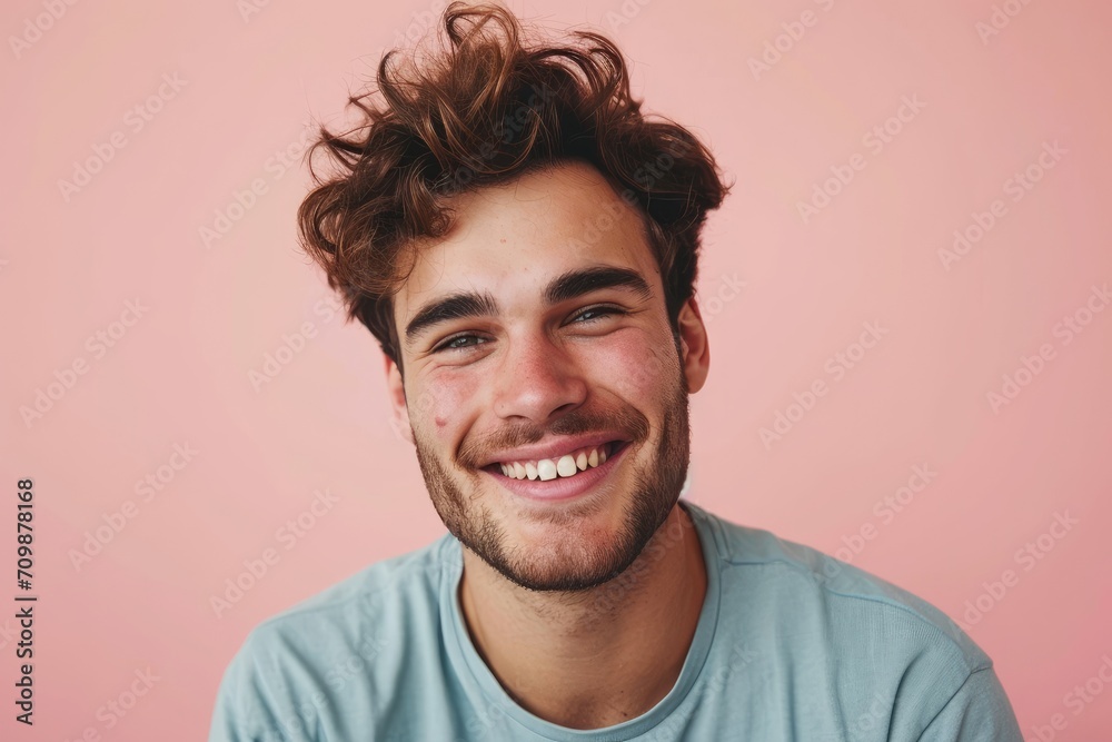 Playful studio portrait of a European man with a bright smile, isolated on a light pink background Playful studio portrait of a European man with a bright smile, isolated on a light pink background