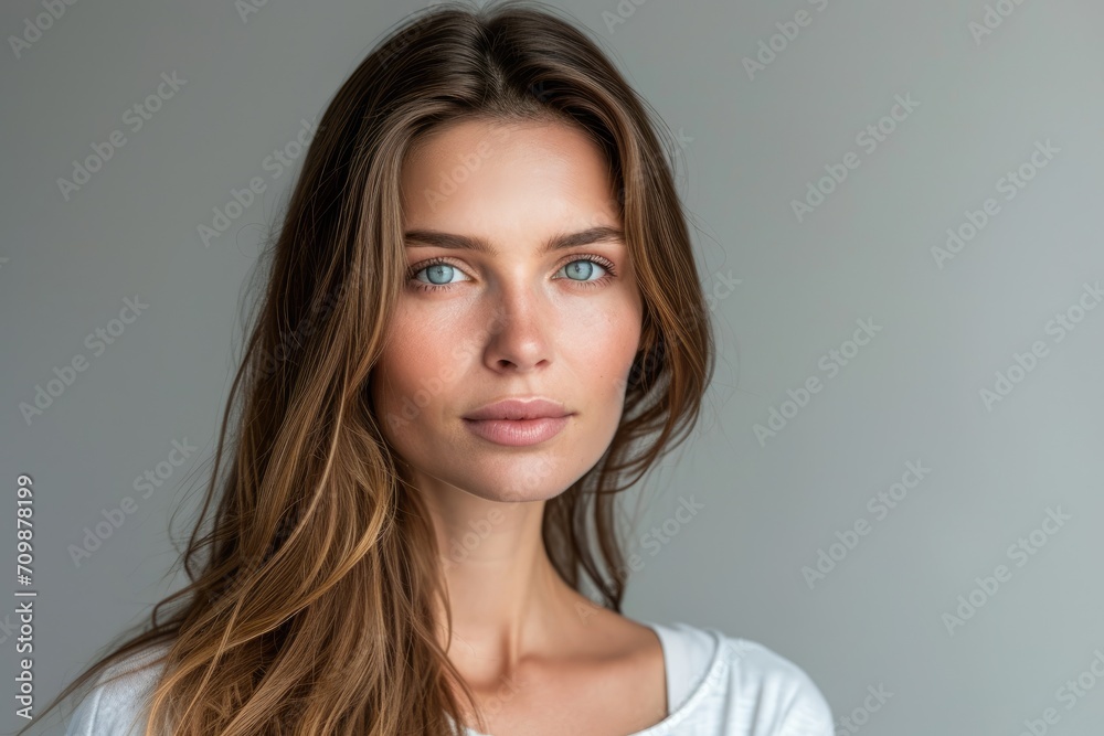Sensitive studio portrait of a European woman with a gentle expression, isolated on a soft grey background Sensitive studio portrait of a European woman with a gentle expression, isolated on a soft grey background