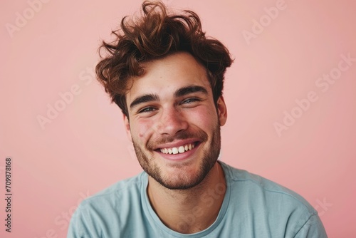 Playful studio portrait of a European man with a bright smile, isolated on a light pink background