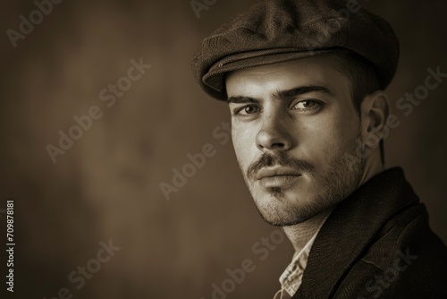 Retro-inspired studio portrait of a European man with a vintage look, isolated on a sepia background