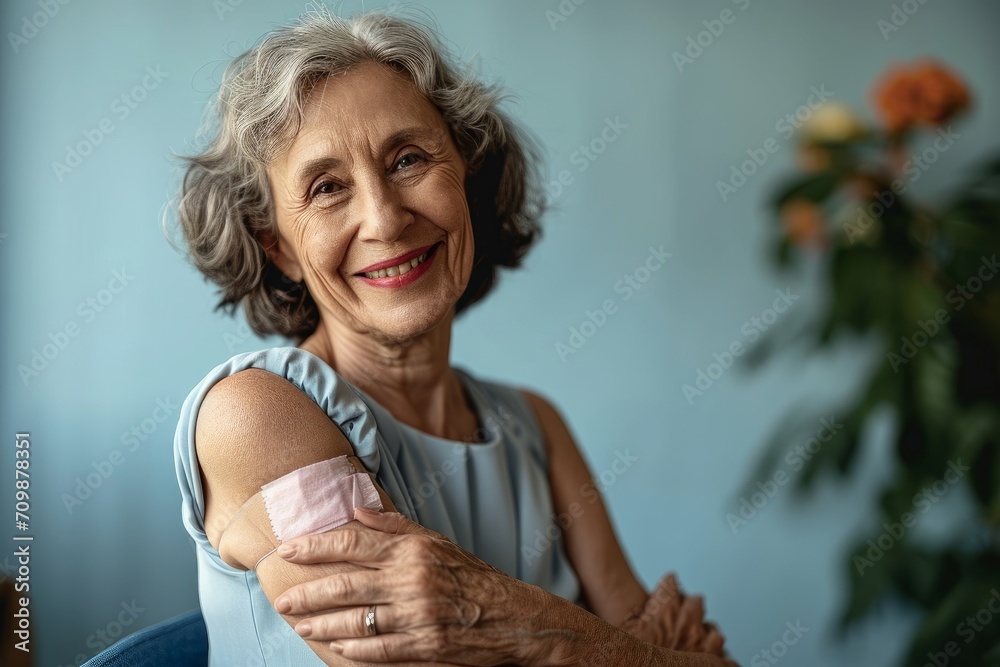 Smiling healthy mature older senior happy woman showing bandage on arm after getting vaccination. Vaccine and old elder people inoculation, elderly immunity for covid prevention concept, Generative AI - obrazy, fototapety, plakaty 