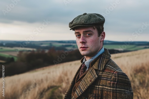 Studio portrait of a European man in a classic tweed jacket, against the backdrop of an English countryside.