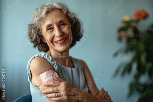 Smiling healthy mature older senior happy woman showing bandage on arm after getting vaccination. Vaccine and old elder people inoculation, elderly immunity for covid prevention concept, Generative AI photo