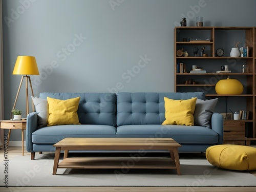 interior of modern living room with blue sofa and coffee table