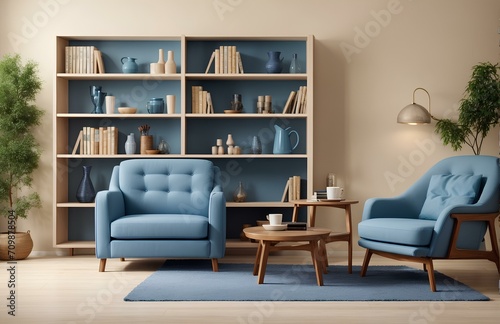 interior of living room with blue armchairs and bookshelf. living room interior © savior