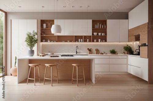 interior of modern with beige walls, wooden floor, white countertops and wooden bar with stools.