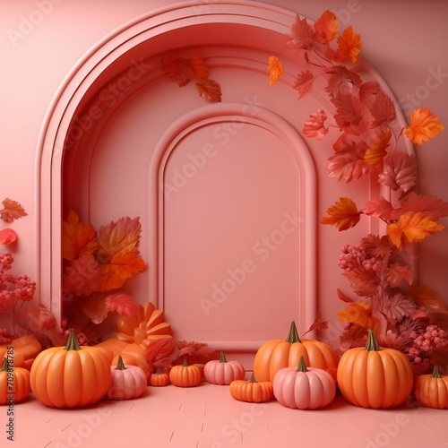 Elegant scenery with pumpkins and autumn leaves. Pink color. Pumpkin as a dish of thanksgiving for the harvest.