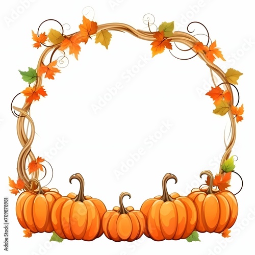 Frame with leaves  vines and pumpkins on a white background.