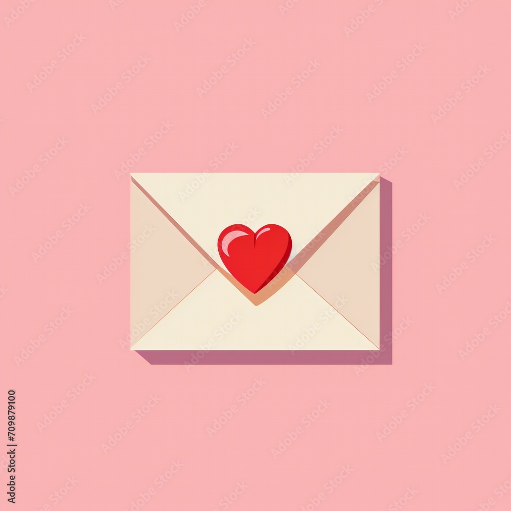 A love letter with a red heart seal flat design on a pastel pink background. Valentine's concept.