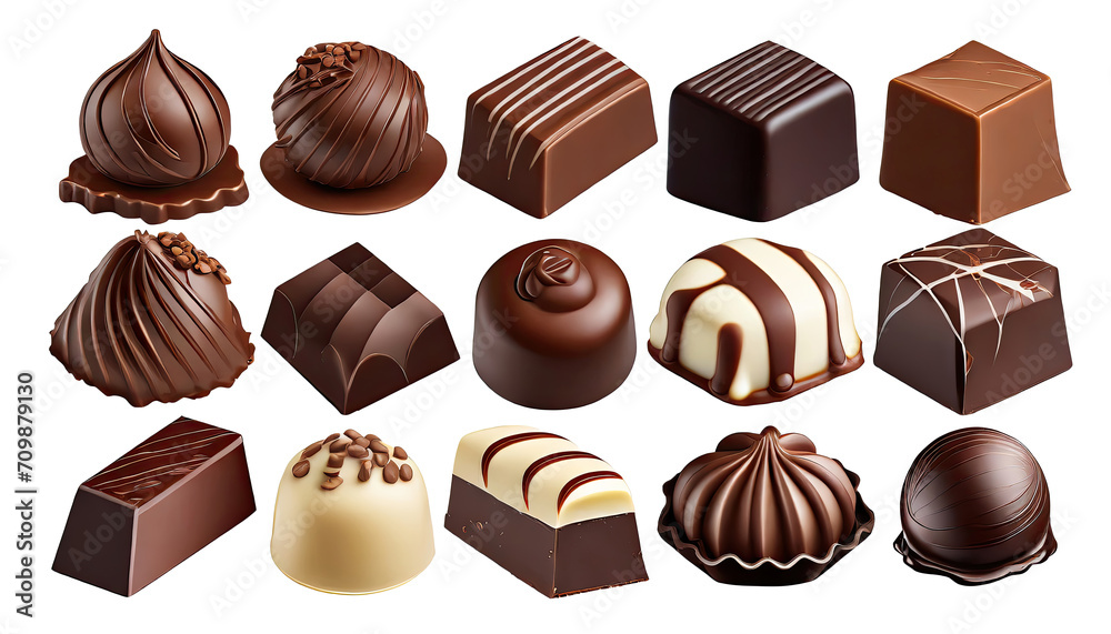 various chocolate pralines  Isolated on a transparent background. PNG cutout or clipping path.	

