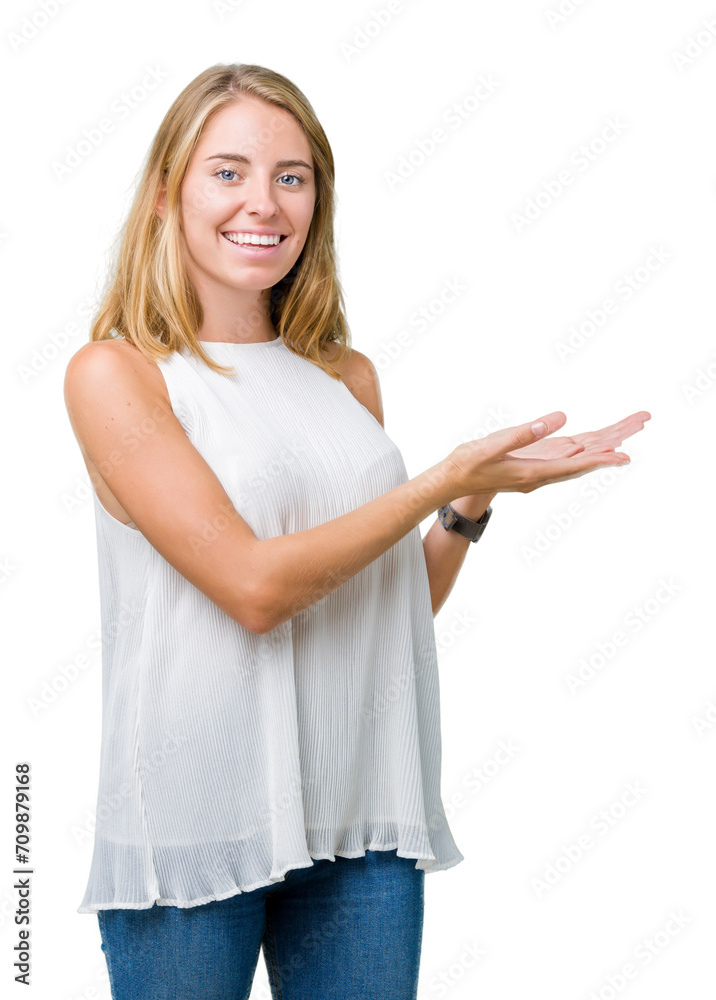 Beautiful young elegant woman over isolated background Pointing to the side with hand and open palm, presenting ad smiling happy and confident Beautiful young elegant woman over isolated background Pointing to the side with hand and open palm, presenting ad smiling happy and confident
