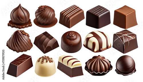 various chocolate pralines Isolated on a transparent background. PNG cutout or clipping path. 
