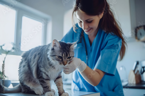 Tierärztliche Fürsorge: Eine Ärztin führt einen Gesundheitscheck bei einem Hund und einer Katze durch, sorgt für das Wohlbefinden der Haustiere mit tierärztlicher Expertise