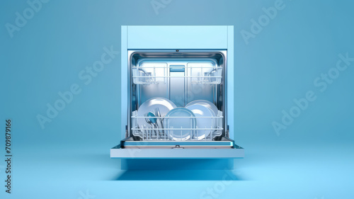 One dishwasher  suspended  blue and white  light blue background generative ai