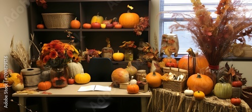 Elegant display; pumpkins, flowers, harvest from the field. Pumpkin as a dish of thanksgiving for the harvest.