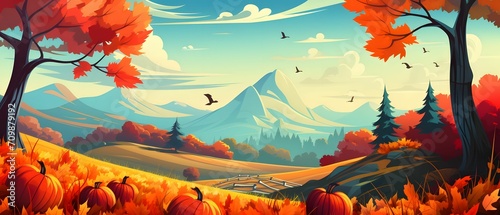 Fairy tale illustration; pumpkins flowers fields with mountains in background. Banner. Pumpkin as a dish of thanksgiving for the harvest. photo