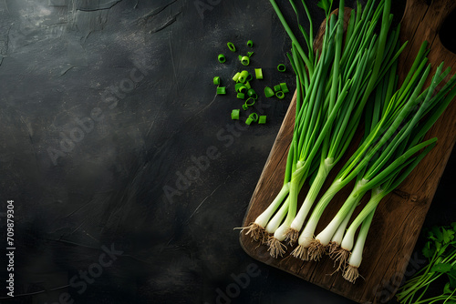 top view Board with slices of fresh green onion on black background