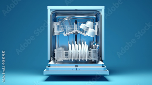 One dishwasher, suspended, blue and white, light blue background,generative ai