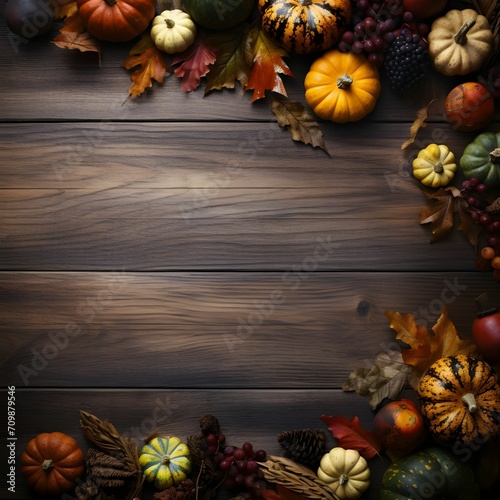 Autumn Leaves, Rowan and Pumpkins, top view., banner with space for your own content. Dark colors.