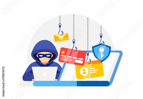 Cybersecurity concept vector illustration showing a hacker with phishing hooks targeting email, credit card, and secure data