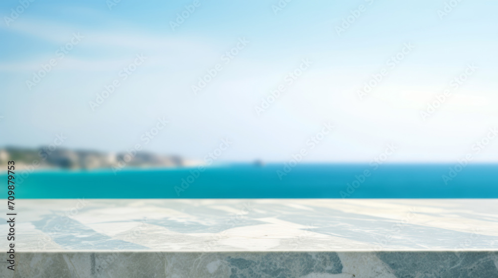 close-up of an empty marble table and blurred ocean background, clear blue sky, mockup background for product display