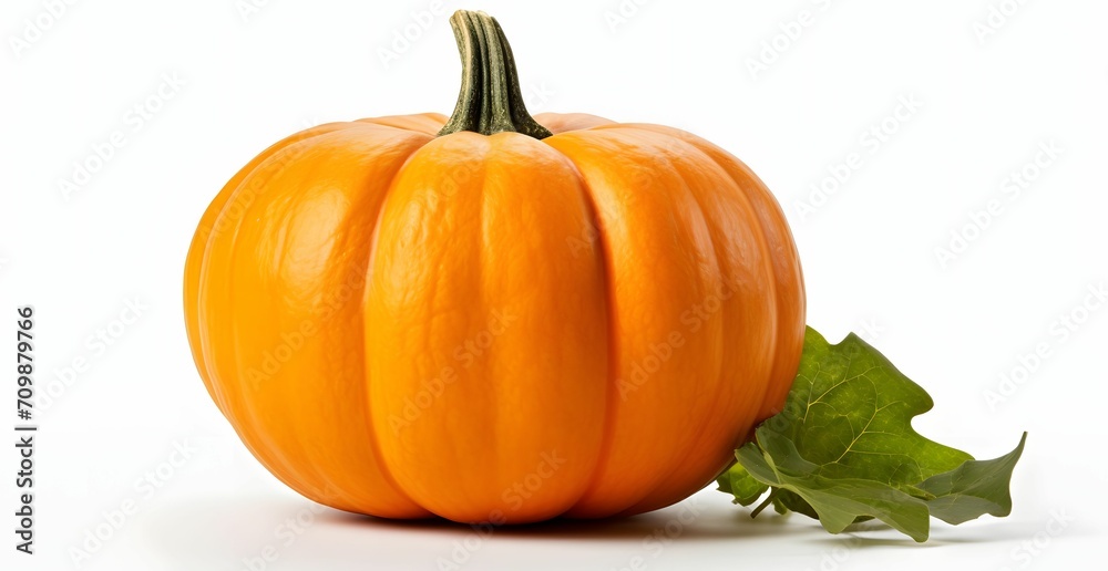 Pumpkin and leaves. Pumpkin as a dish of thanksgiving for the harvest, picture on a white isolated background.