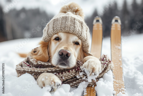 the dog is going to ski. Pet wearing winter accessories. dog wearing winter hat on snowy background. Funny dog looks left in ski suit. Winter vacation concept. Copy space