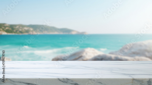 close-up of an empty marble table and blurred ocean background, blue skies, and mountains, mockup background for product display