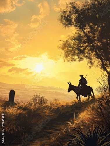 Palm Sunday concept  Silhouette Jesus Christ riding donkey with tomb stone on meadow sunset background  poster  realistic  HD  copy space - generative ai