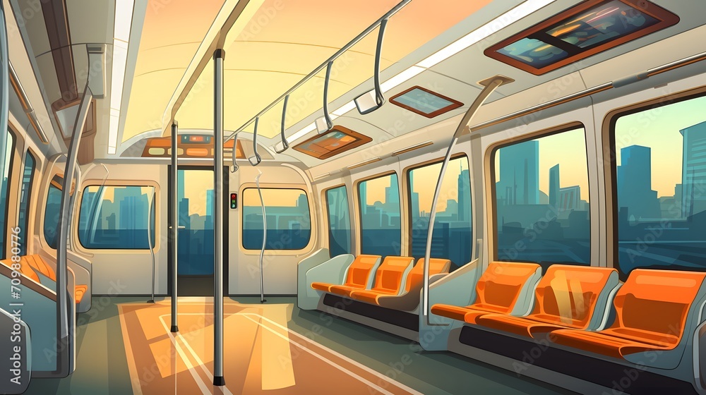 Mass transit system in modern city. Inside of electric train. Tourist travel by city sky train. Public transportation. Urban transport.