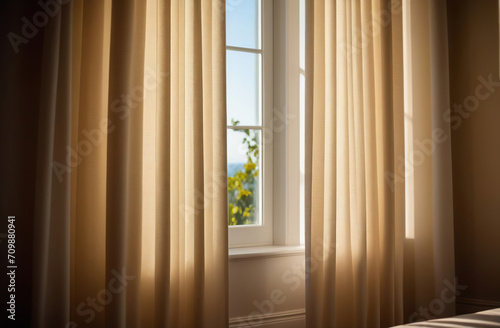 Bright morning sun in the open window through the curtains. Opening curtains in room at sunrise. Light shine through white curtain by the window of domestic room. Cozy home at summer heat.