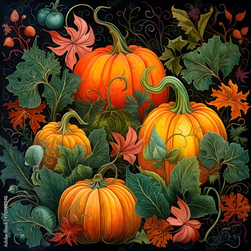 Colorful pumpkins and leaves as abstract background  wallpaper  banner  texture design with pattern - vector. Dark colors.
