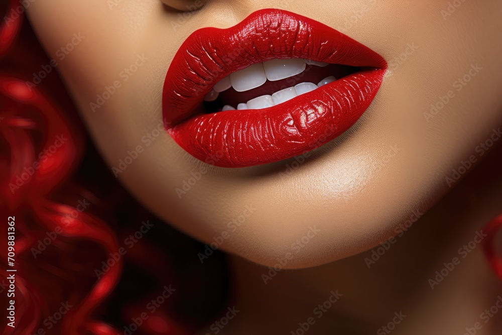 Fototapeta premium Close-up beauty portrait of a young woman with red lipstick.