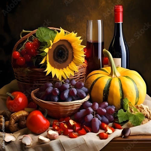 Harvest from the field; peppers, garlic, pumpkins, sunflowers, grapes, eggplant, Pumpkin as a dish of thanksgiving for the harvest.