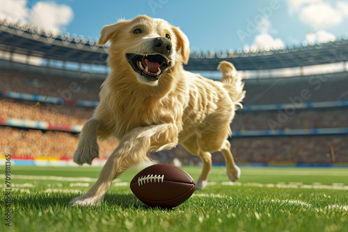 A cheerful golden retriever dog is playing with an American football on a bright, sunny day at a stadium.