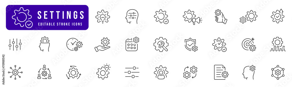 Set of linear icons about settings, preferences or configuration. Elements of gear, wrench, cog, tool symbol.