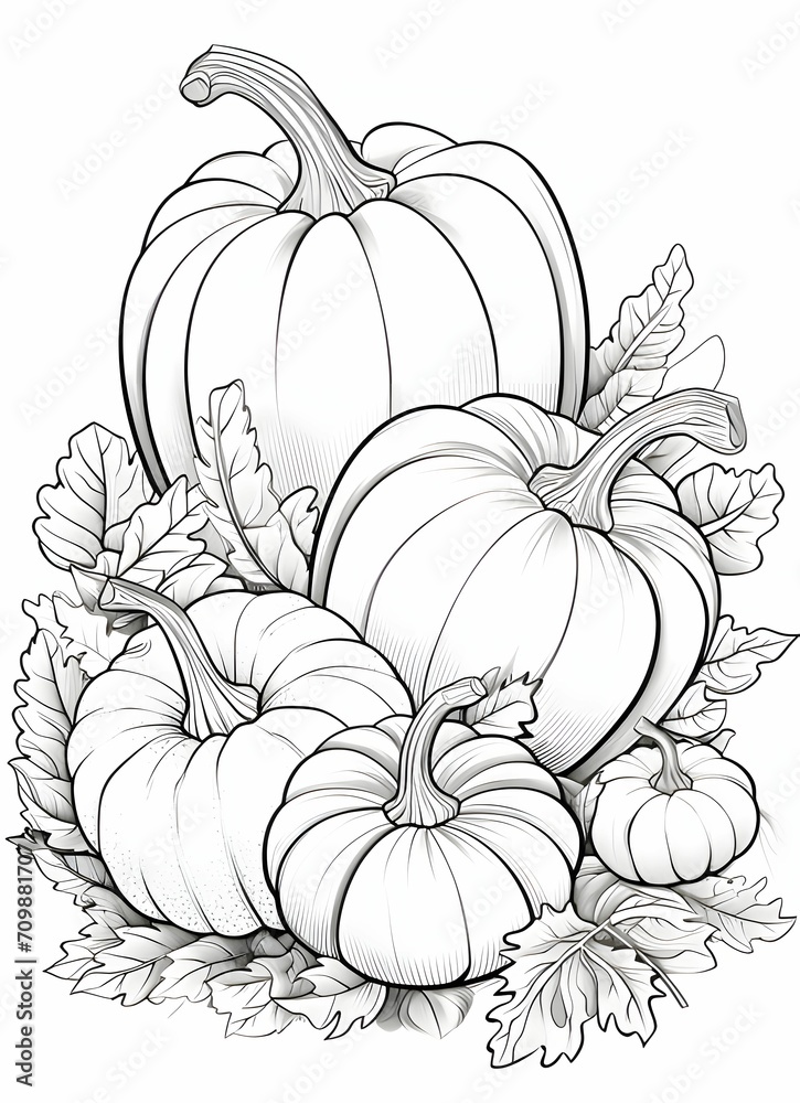 Black and white coloring book pumpkins and leaves around. Pumpkin as a dish of thanksgiving for the harvest, picture on a white isolated background. Black and white coloring book pumpkins and leaves around. Pumpkin as a dish of thanksgiving for the harvest, picture on a white isolated background.