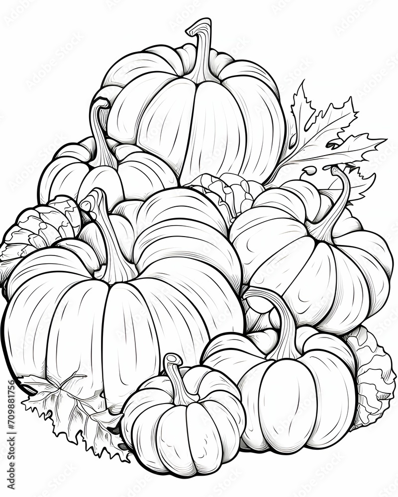 Black and white coloring book pumpkins and leaves around. Pumpkin as a dish of thanksgiving for the harvest, picture on a white isolated background.