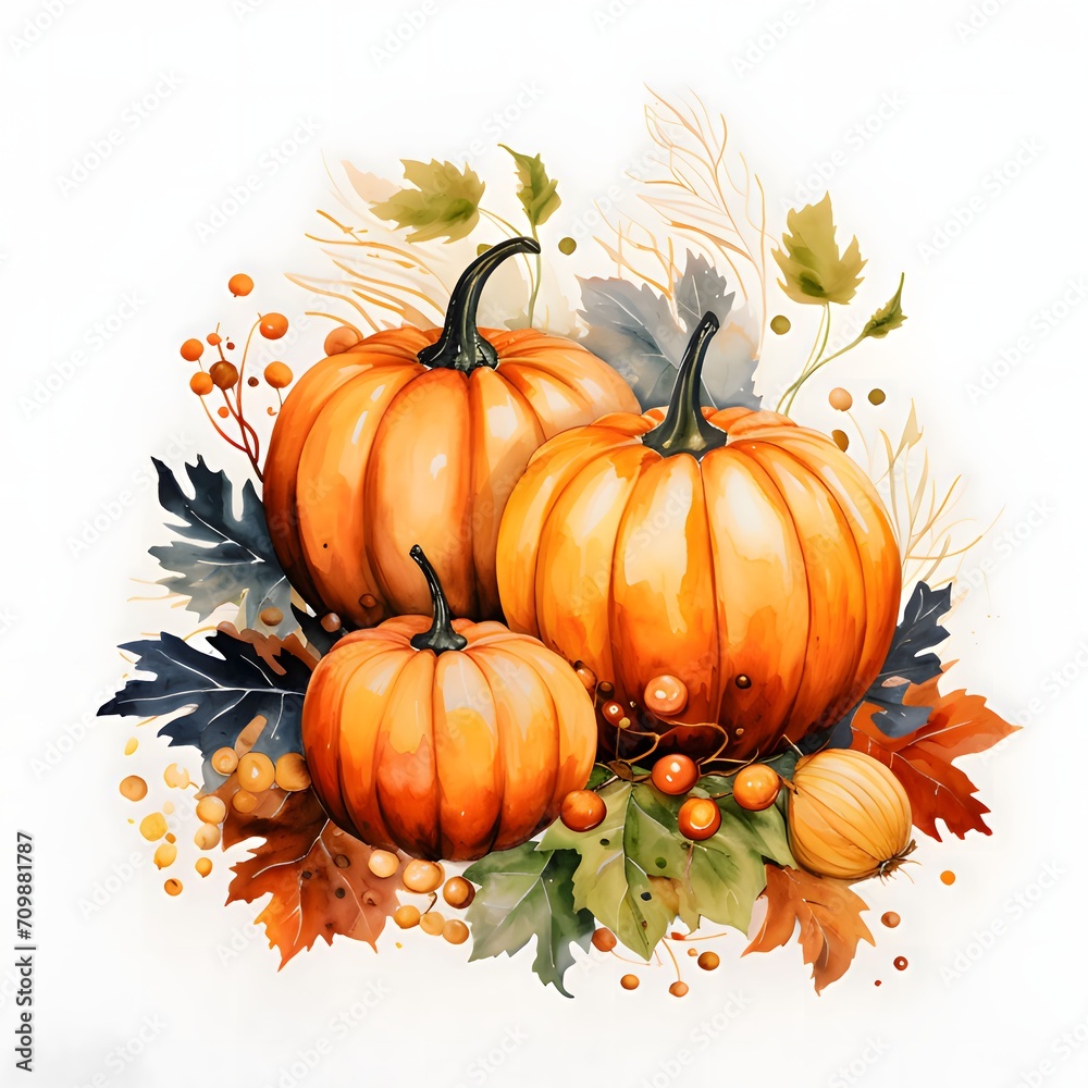 Illustration of pumpkins around autumn leaves. Pumpkin as a dish of thanksgiving for the harvest, picture on a white isolated background.