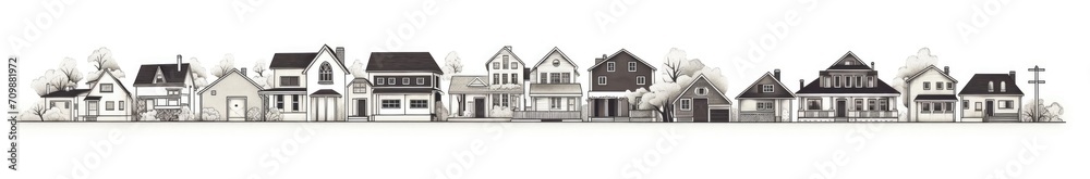 Drawing of a Row of Houses, Residential Buildings, Homes, Neighbourhood, Architecture, Cityscape, Real Estate, Community, Urban Development, Suburban Living