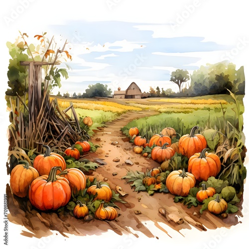 Painted illustration of pumpkins and a field in the background. Pumpkin as a dish of thanksgiving for the harvest.