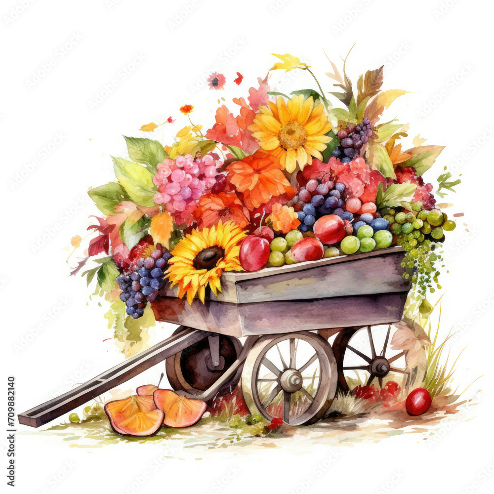 Painting of a Wheelbarrow Filled With Fruit