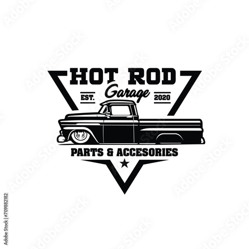 Hot Rod Garage Ready Made Logo Vector Illustration. Emblem Badge Logo Isolated. Best for Classic Car Garage and Mechanic Related Industry