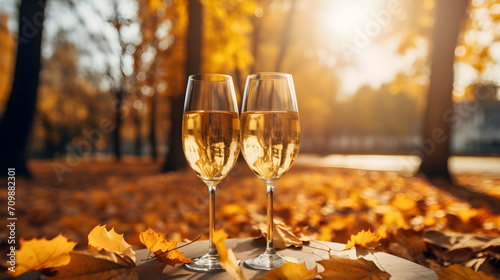 Product photograph of two glasses of champagne in a pile of autumn leaves on the street. Drinks. Valentines. Love