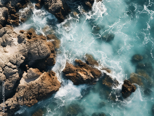 Aerial view of sea waves crashing on the rocks, Aerial view of a rocky coastline with waves breaking on it.