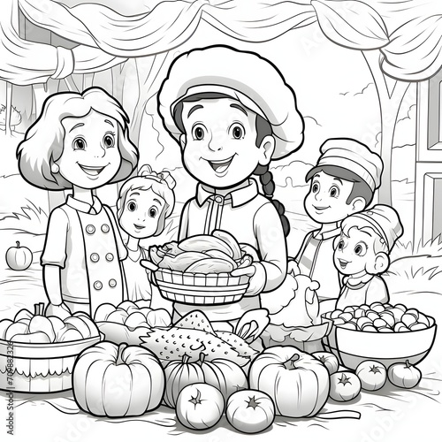 Black and White coloring card, smiling family with preparation for Thanksgiving. Pumpkin as a dish of thanksgiving for the harvest, picture on a white isolated background. © Hawk