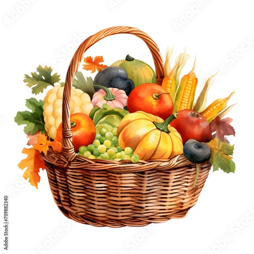 Illustrations of wicker basket full of vegetables and fruits  pumpkins  tomatoes  corn  leaves. Picture on a white isolated background.